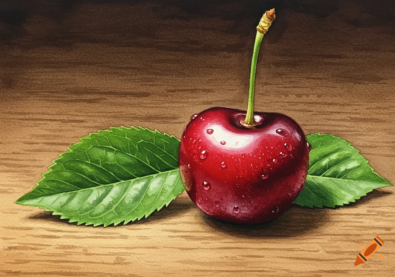 A watercolor painting of a red cherry with a green stem and two green leaves, covered in water droplets, on a wooden surface.