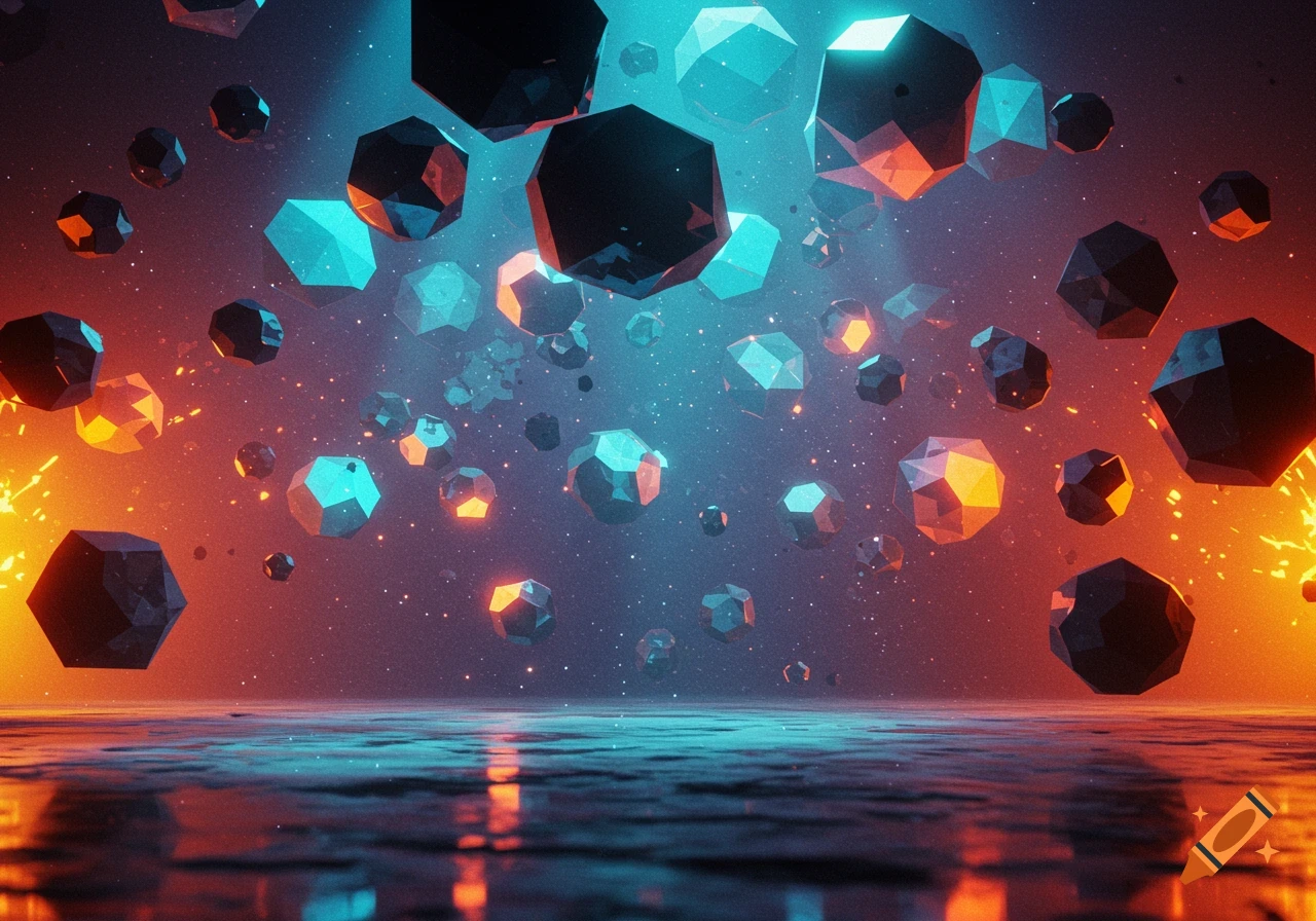 Floating geometric shapes illuminated by blue and orange light over a reflective surface, in an abstract space.