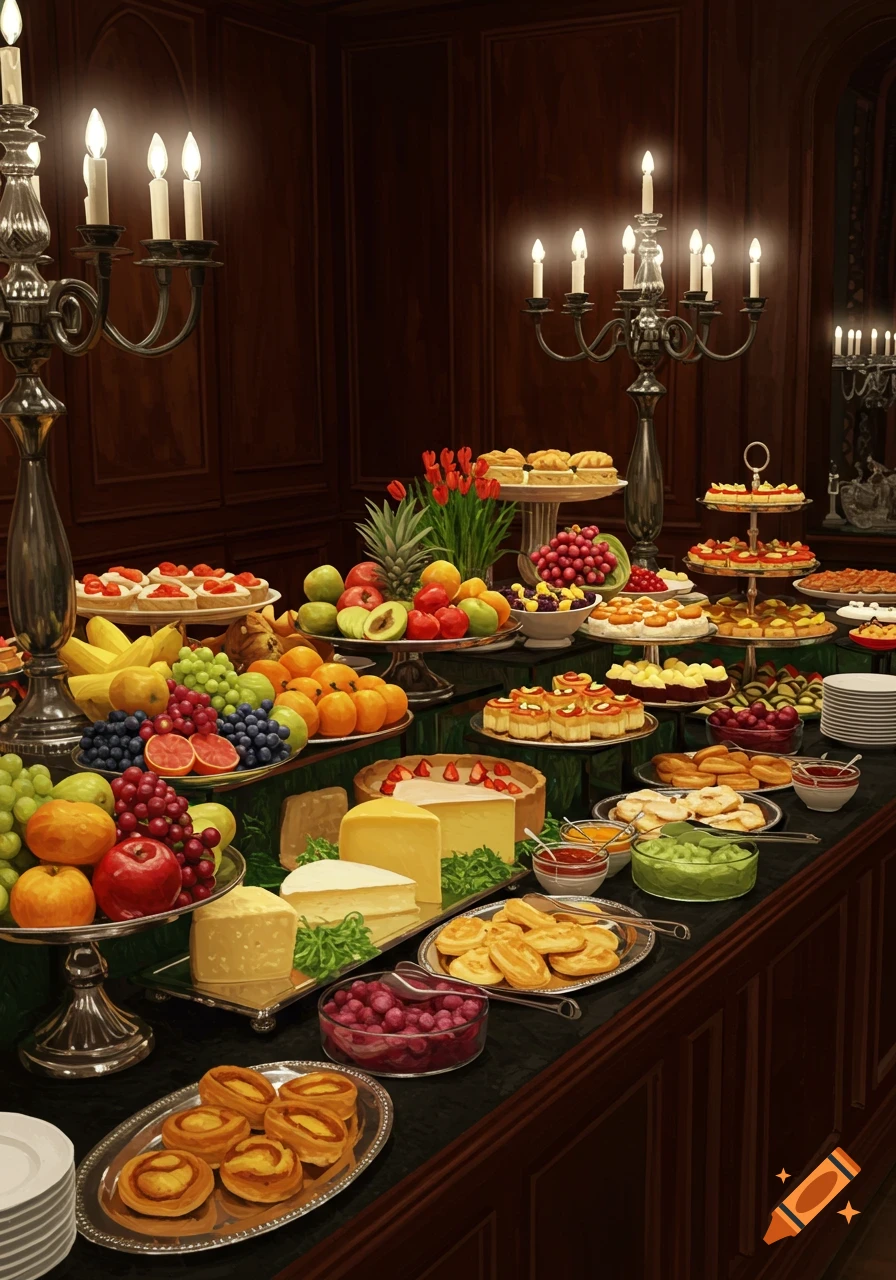 An elaborate buffet table filled with various fruits, cheeses, pastries, and desserts, set in a formal dining room with candelabras.