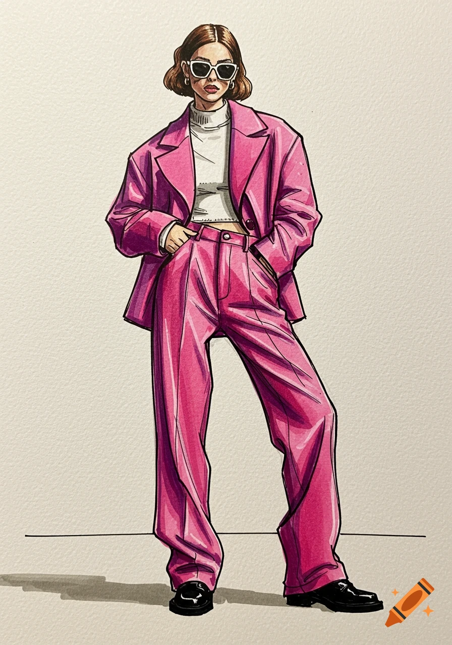 A fashion illustration of a woman in a bright pink oversized pantsuit and white turtleneck, wearing sunglasses.