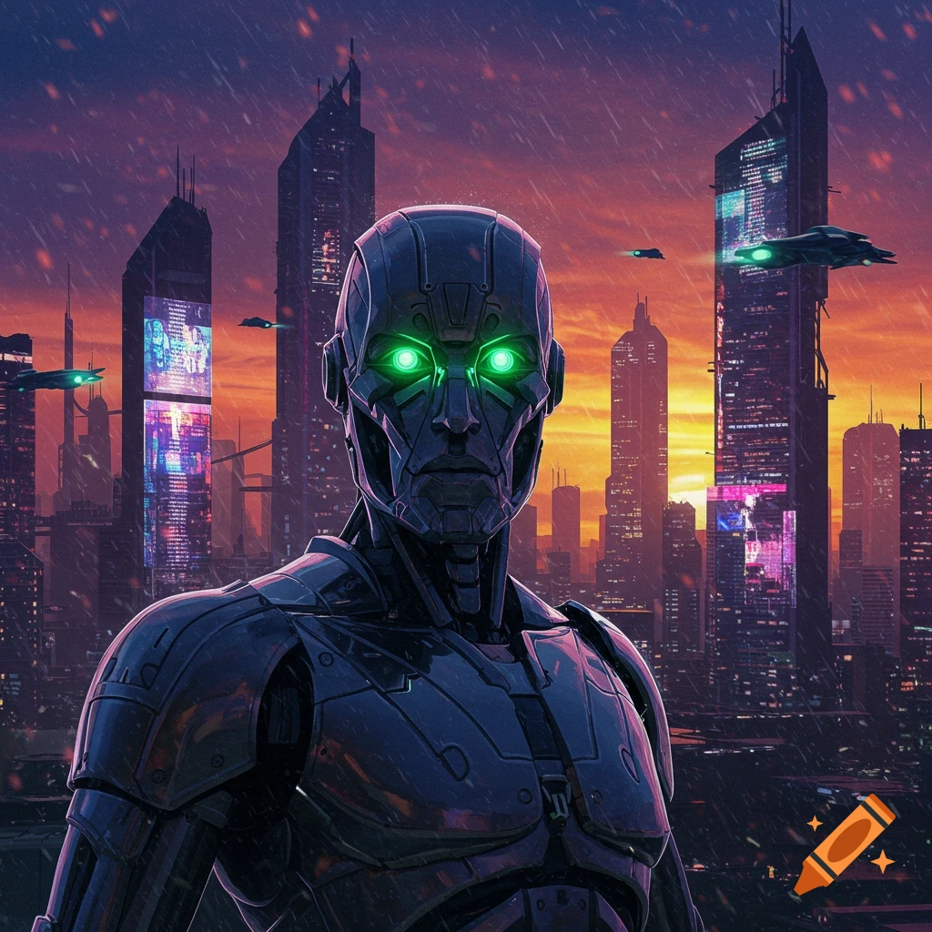 A dark metallic robot with glowing green eyes stands against a vibrant orange and purple futuristic cityscape with flying vehicles.