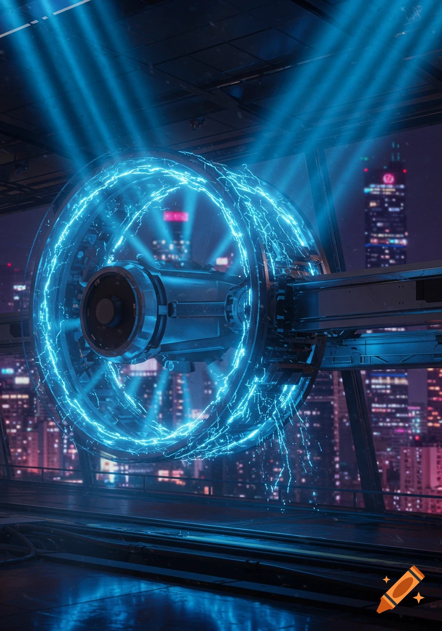 A futuristic maglev-like rotor with electric blue energy glowing against a neon-lit cyberpunk city skyline at night.