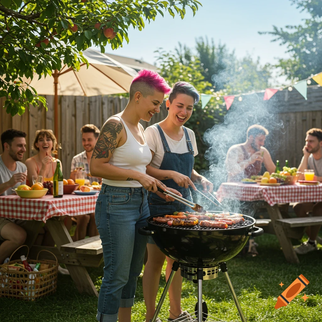 Two women grill at a backyard BBQ while friends laugh and chat at picnic tables under a leafy tree.