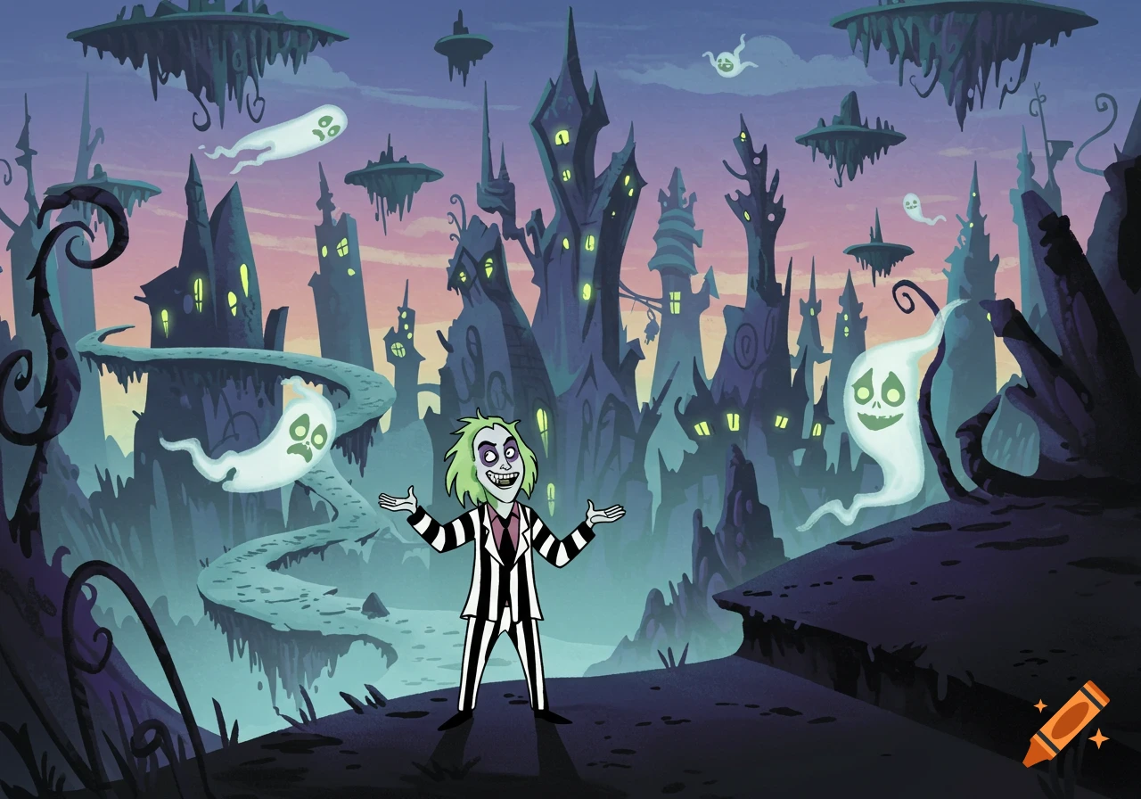 Cartoon Beetlejuice in his striped suit, arms outstretched, in a spooky, colorful fantasy landscape with gothic buildings and ghosts.