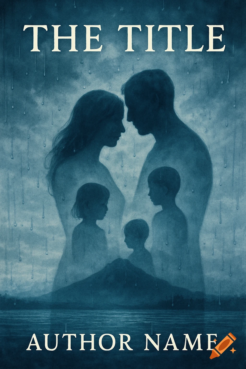 Moody book cover with silhouettes of a family in the rain, over a mountain and water, with "THE TITLE" and "AUTHOR NAME."