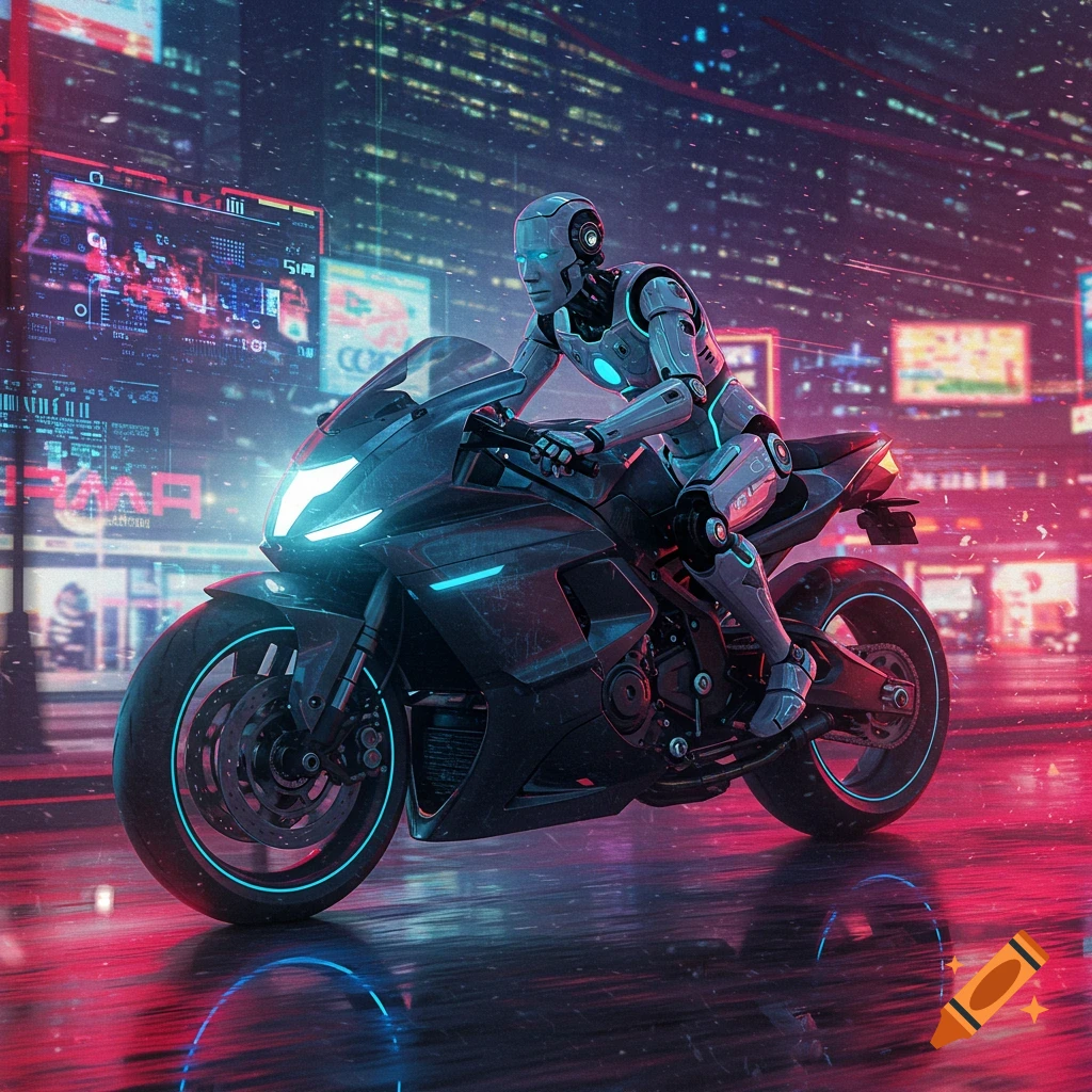 A metallic robot with glowing blue eyes rides a futuristic motorcycle through a neon-lit cyberpunk city at night, reflecting on the wet ground.