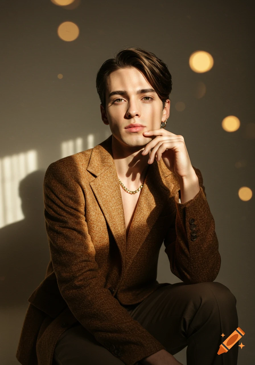 A stylish young man in a brown blazer and gold chain poses thoughtfully in a sunlit studio with bokeh lights in the background.