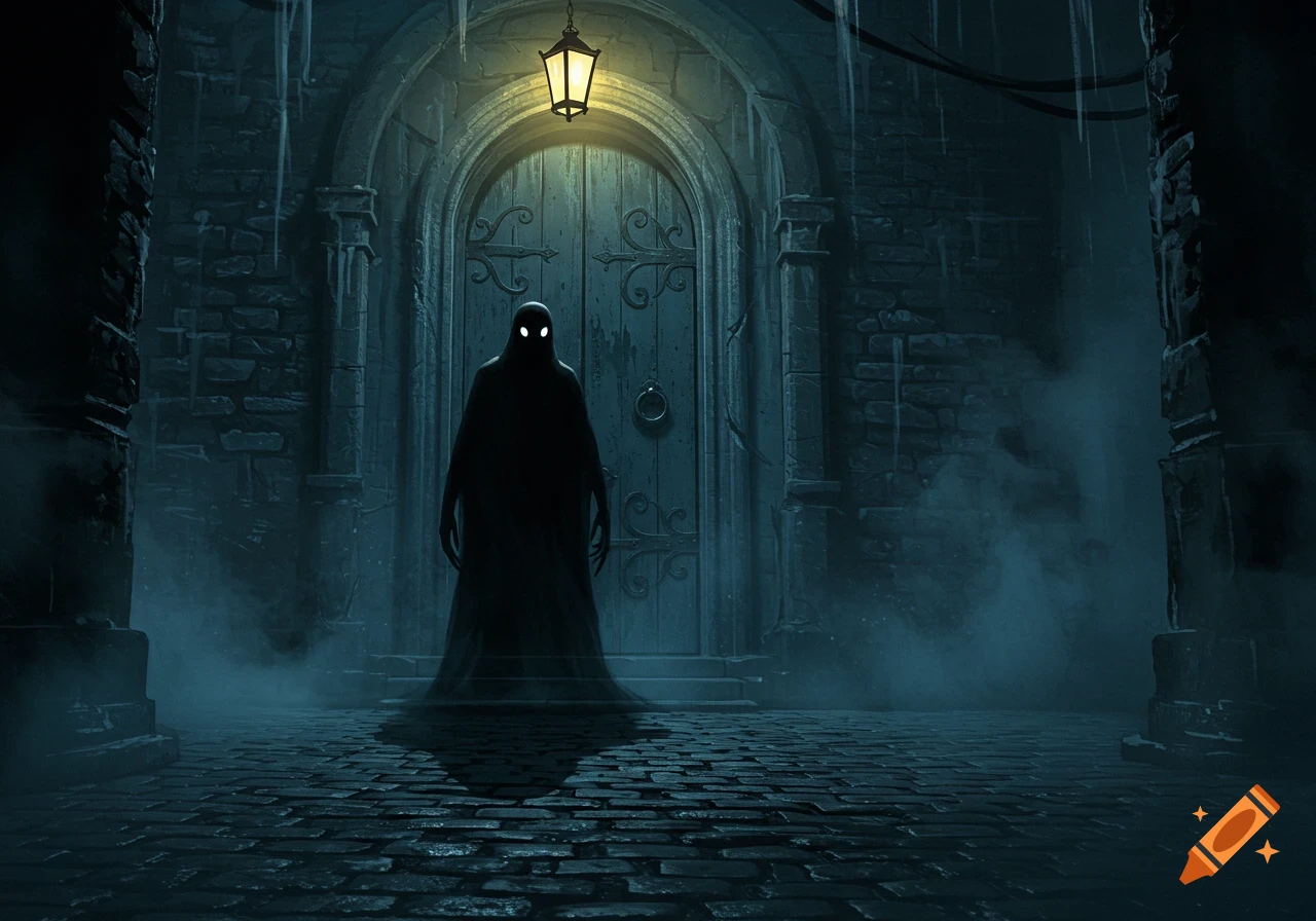 A shadowy, glowing-eyed figure stands before a large, arched wooden door under a lit lantern, in a dark, misty cobblestone alley.