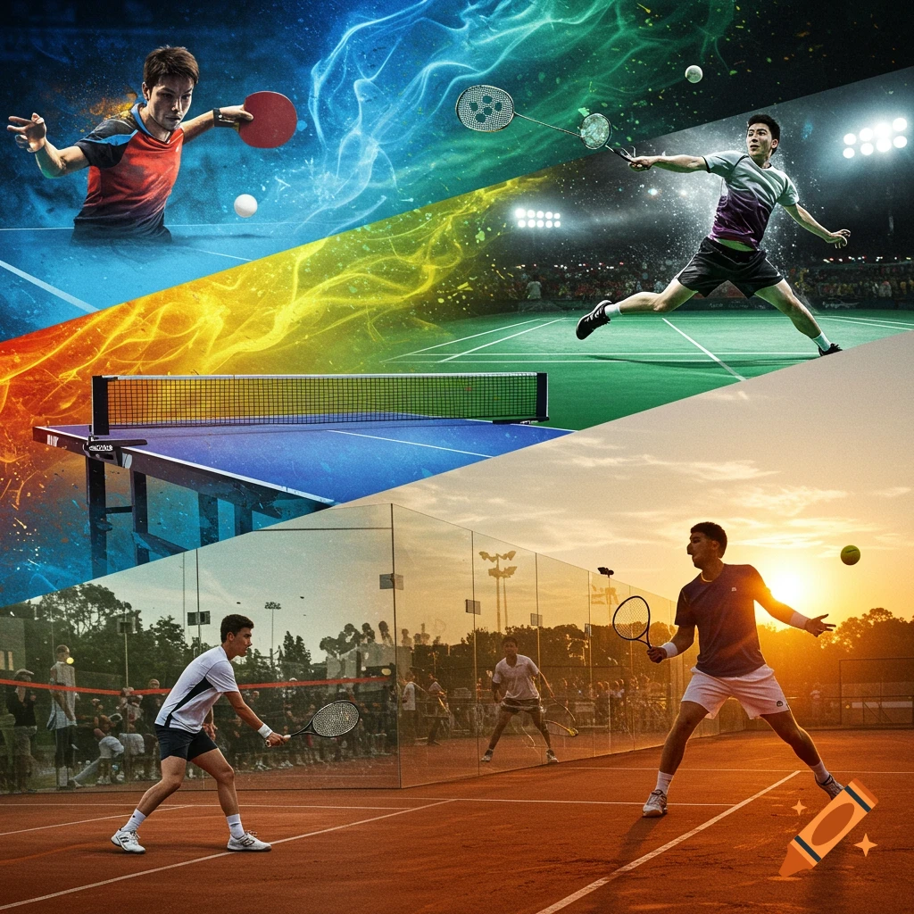 Dynamic poster collage featuring players in action from table tennis, badminton, squash, and tennis with colorful artistic effects.