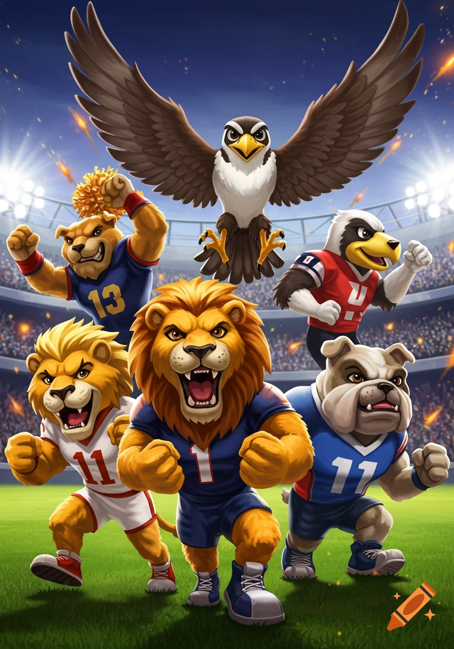 Several cartoon sports mascots, including lions, a bulldog, and two birds, stand on a stadium field.