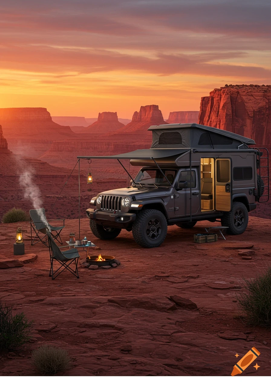 A photorealistic Jeep Wrangler motorhome with a pop-up tent and awning, camped in a red rock desert canyon at sunset with a campfire and chairs.