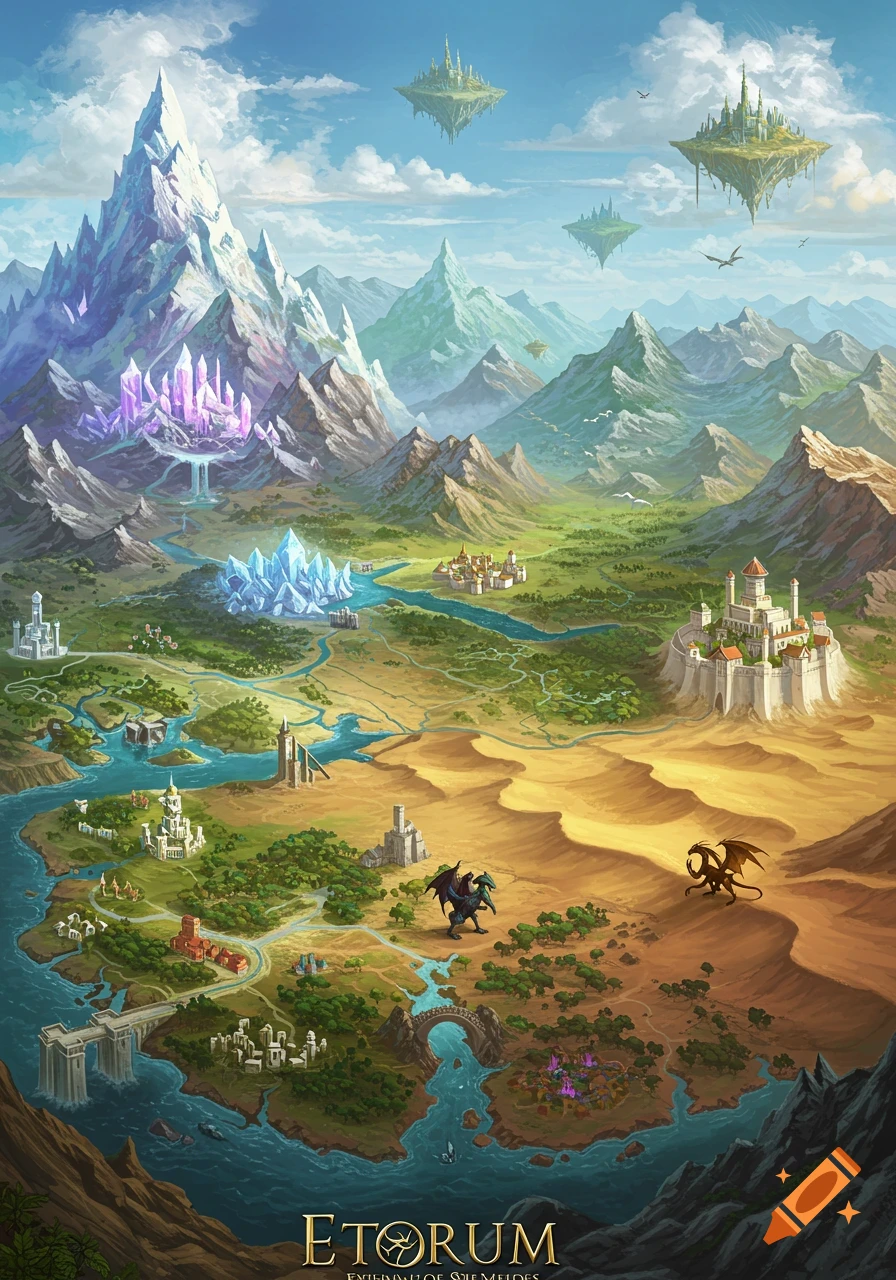 A detailed fantasy map featuring snow-capped crystal mountains, rivers, castles, floating islands, deserts, and dragons under a blue sky.