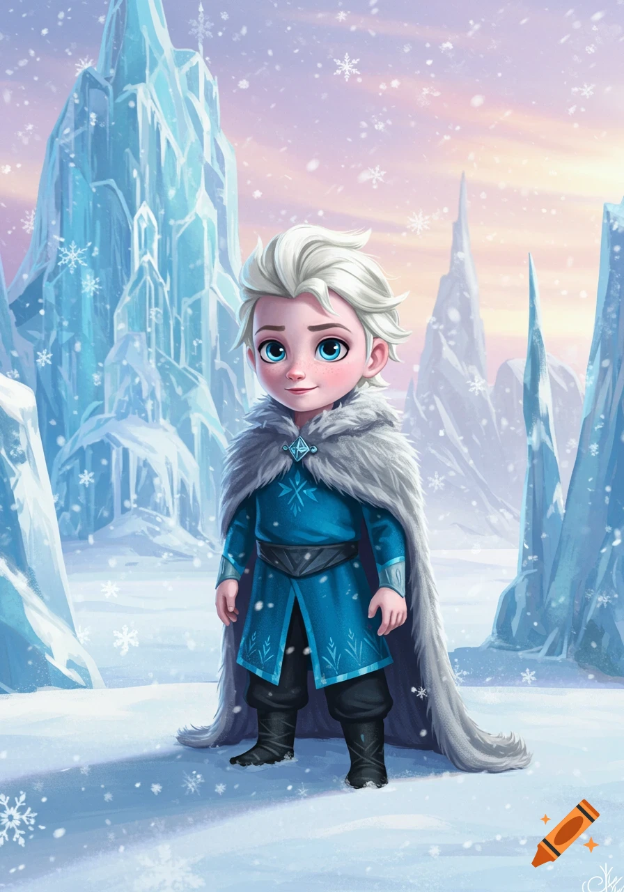A cute cartoon child with white hair and a blue outfit stands in a snowy, icy landscape with falling snowflakes.