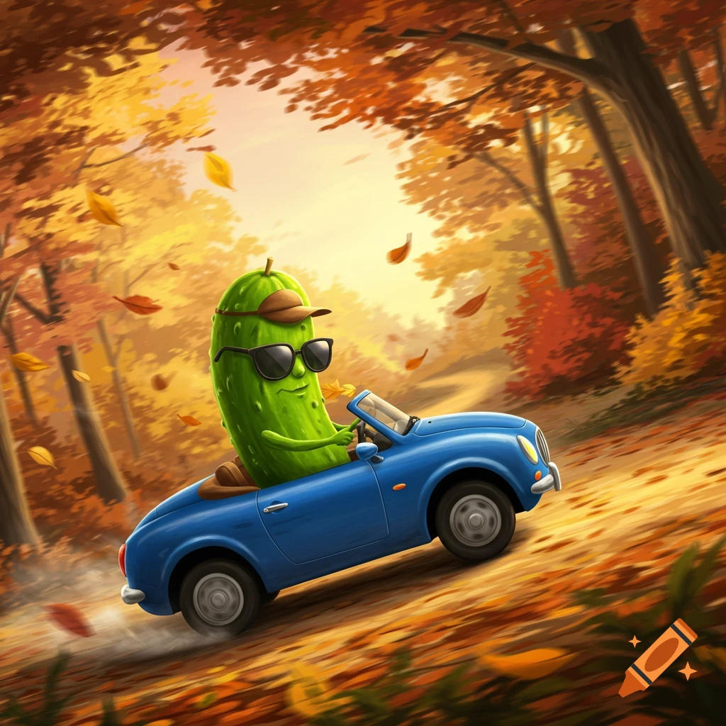 A cartoon pickle in sunglasses and a cap drives a blue convertible through an autumn forest with falling leaves.