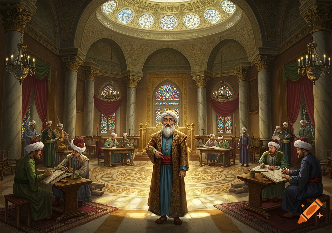 A detailed illustration of a bearded man in ornate robes standing in a grand, domed hall, surrounded by other men writing at desks.