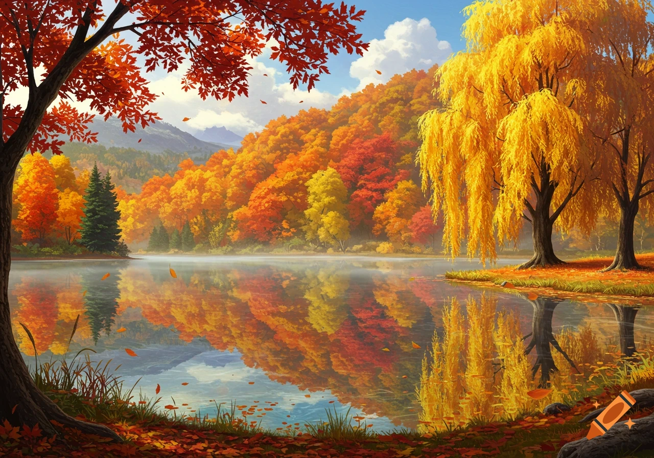 Vibrant autumn landscape with red, orange, and yellow trees reflecting in a calm lake under a blue sky.