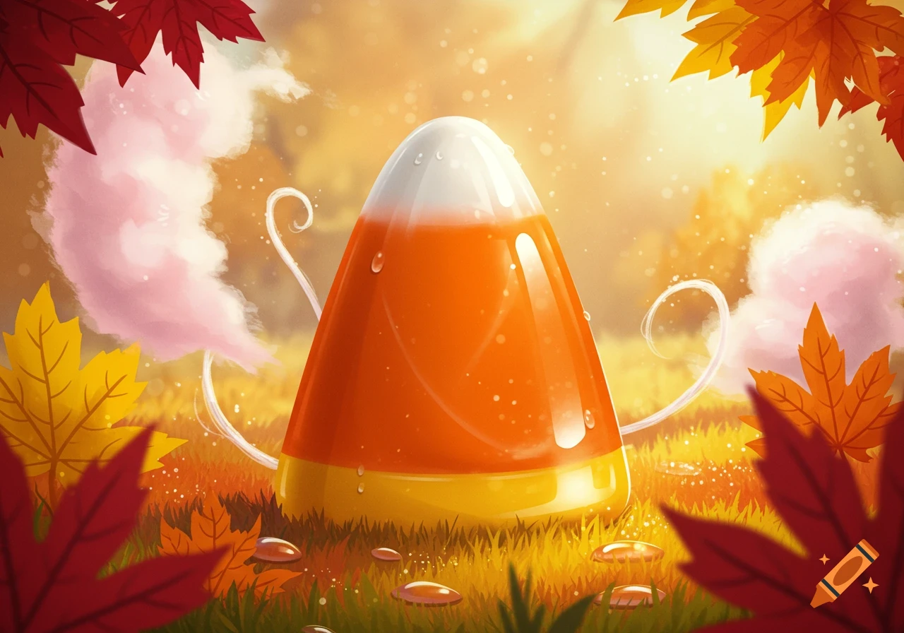 A large, glossy candy corn stands in an autumnal field with glowing particles and colorful leaves, surrounded by grass.