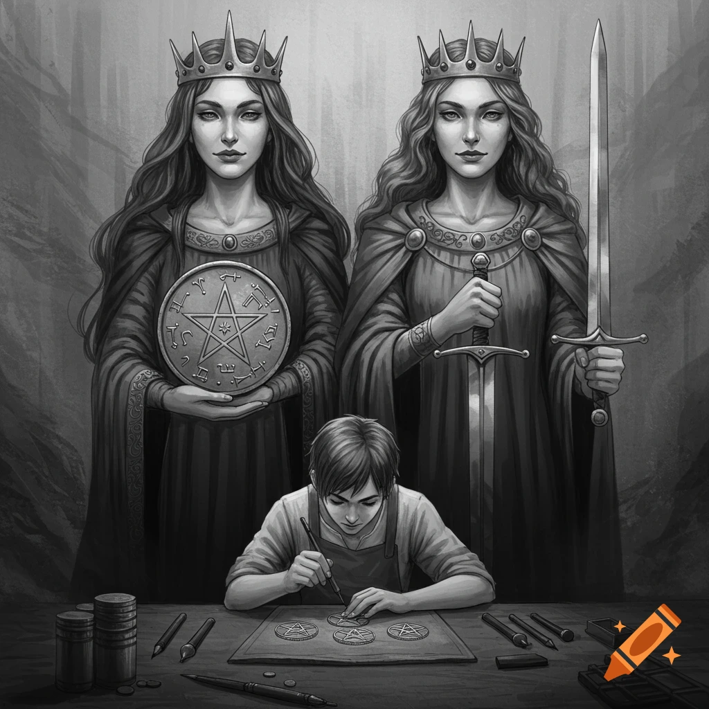 Grayscale illustration of two crowned queens flanking a young craftsman engraving symbols on coins. One queen holds a large pentacle coin, the other a sword.