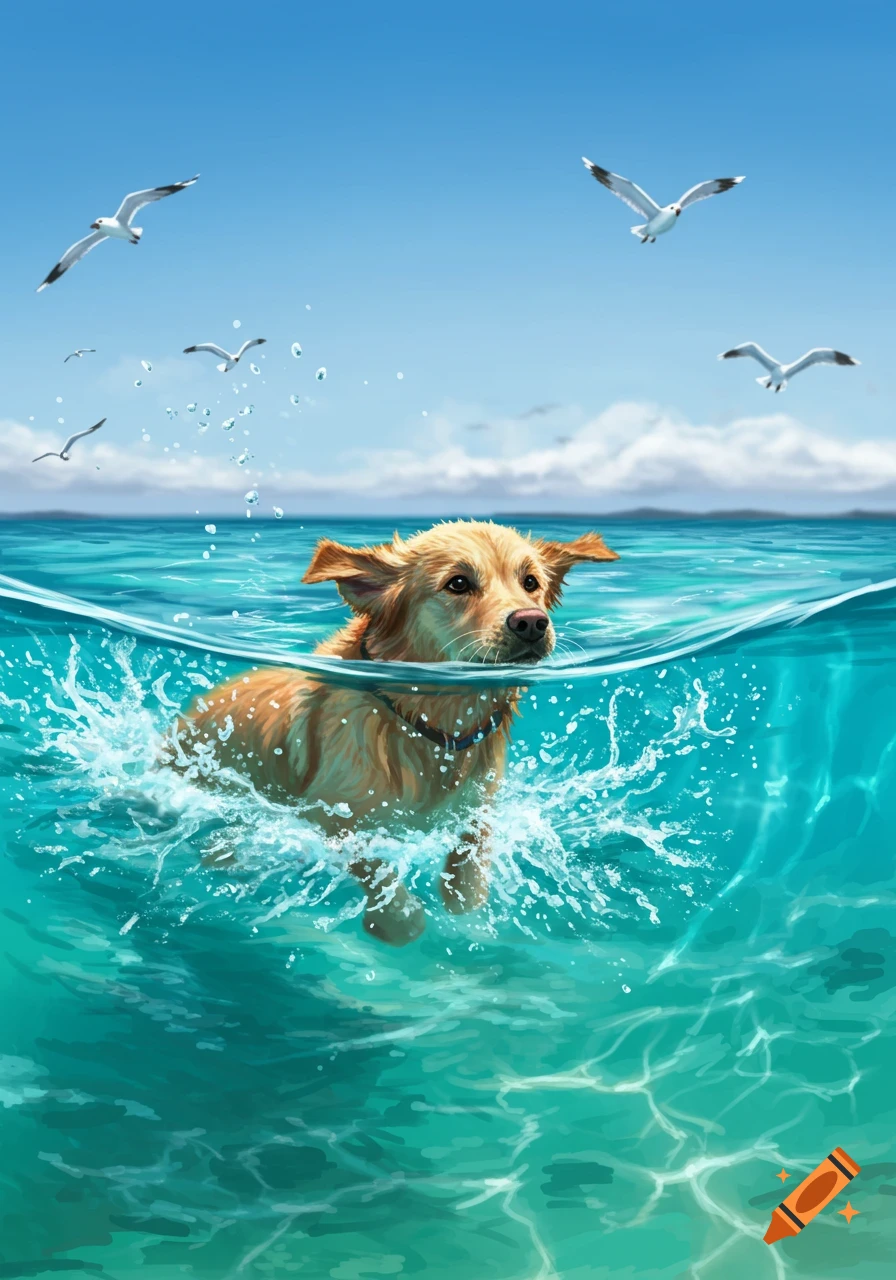 A golden-brown dog enthusiastically swims in clear blue-green ocean water, surrounded by splashes, with seagulls flying under a bright sky.