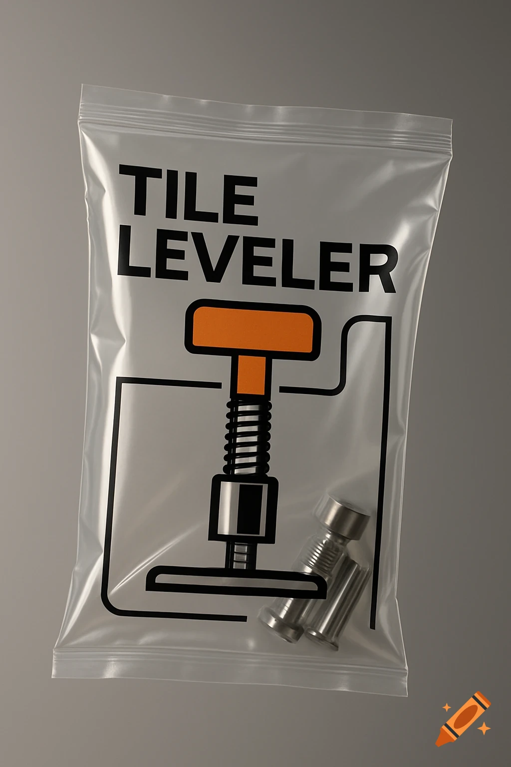 Clear plastic bag labeled 'TILE LEVELER' with an illustration of a tool, containing metal cylindrical objects inside.