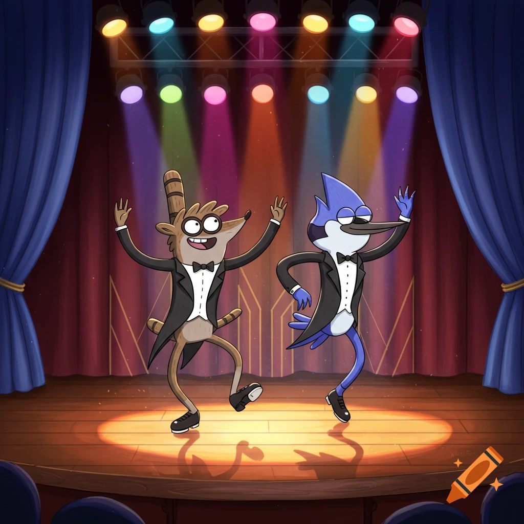 Rigby and Mordecai from Regular Show in tuxedos tap dancing on a spotlighted stage with red and blue curtains.