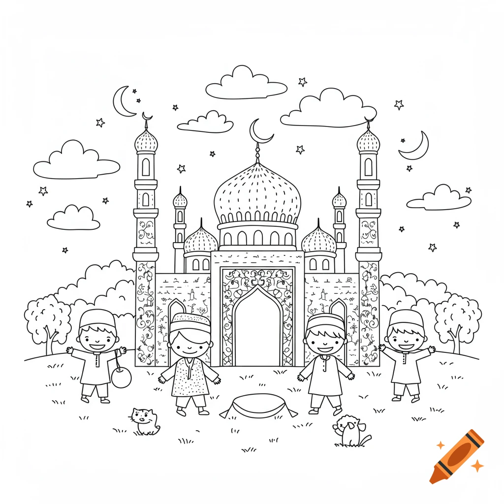 Black and white line drawing of a mosque with children and cats in the foreground, against a sky with clouds and stars.