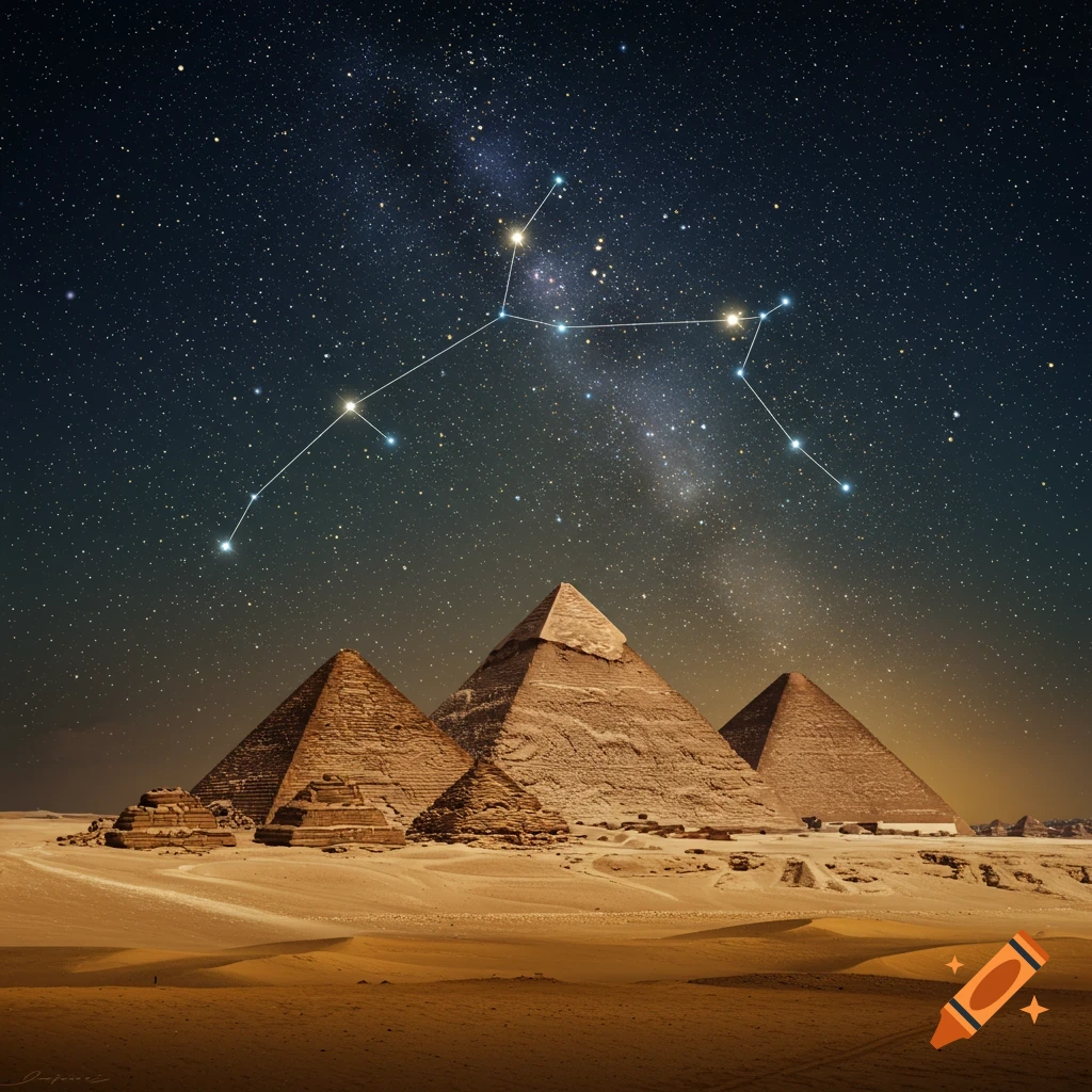 Giza Pyramids in a desert at night, under a sky full of stars and a bright constellation.