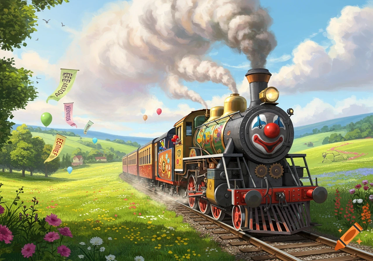 A colorful cartoon train with a clown face on its engine steams through a vibrant green meadow under a blue sky, with balloons and banners floating.