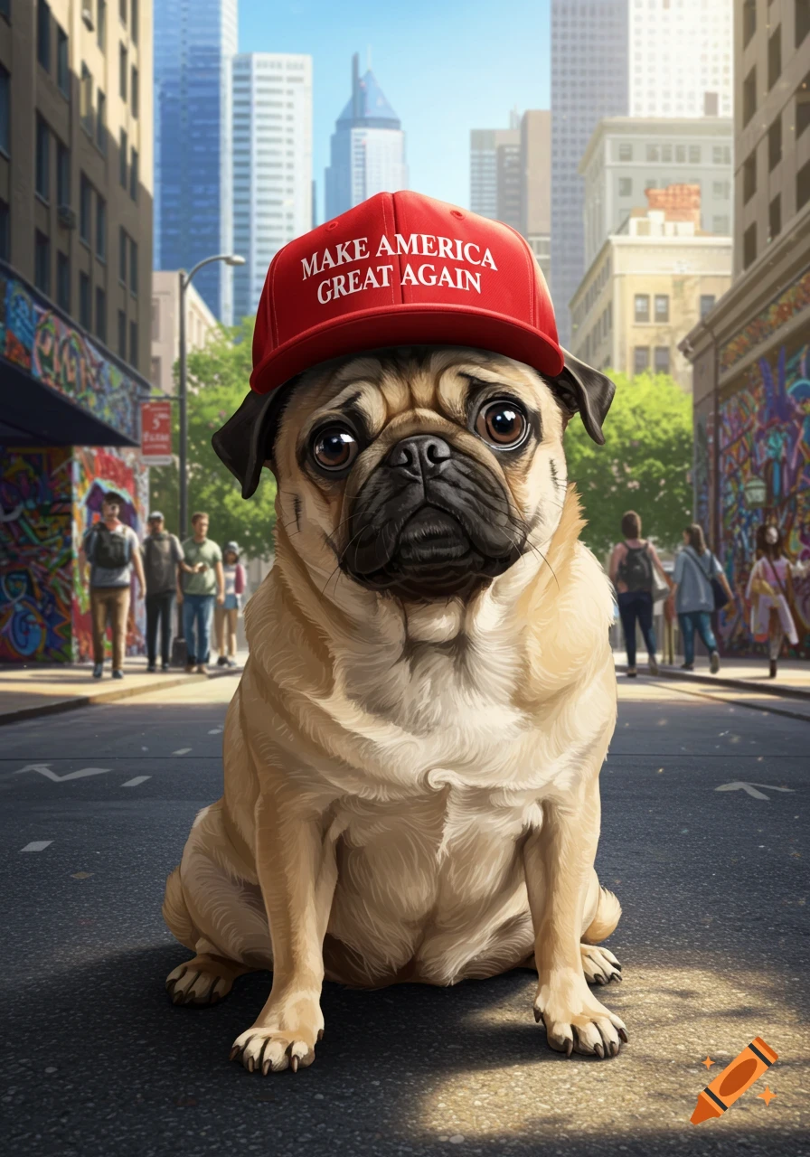 A photorealistic pug wearing a red 'MAKE AMERICA GREAT AGAIN' hat sits on an urban street with city buildings in the background.