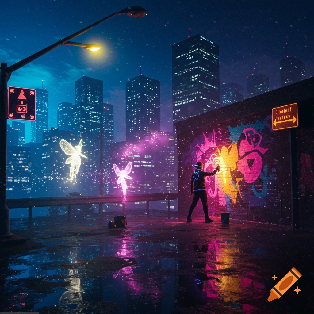 A person spray-painting glowing graffiti on a brick wall in a rainy, futuristic city at night, with two luminous fairies hovering nearby.