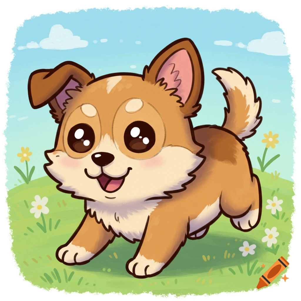 A cute cartoon puppy with big eyes running in a green field with small flowers under a blue sky.