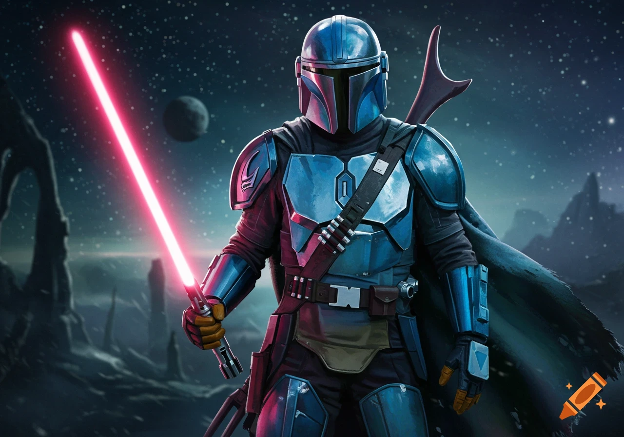 A blue and green armored Mandalorian warrior with a pink lightsaber stands on an alien planet under a starry night sky.