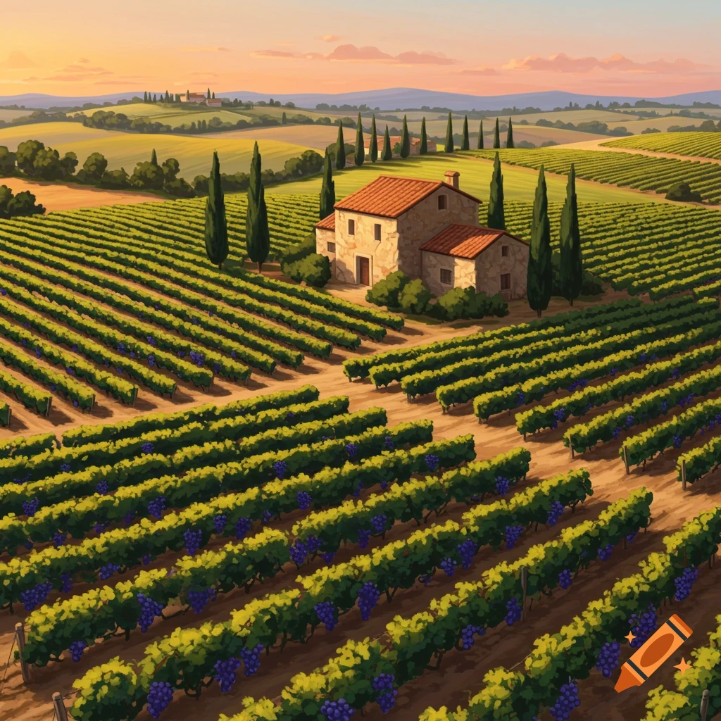 A vibrant illustration of a European vineyard with a stone house, rows of grapevines, and cypress trees under a warm, clear sky.