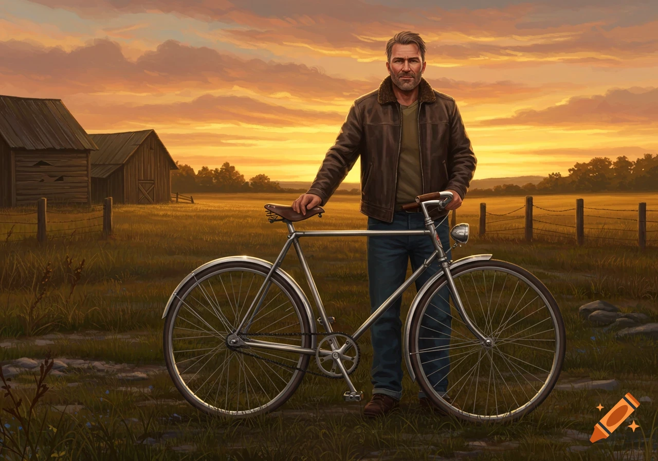 A rugged man with a beard stands with a silver bicycle in a golden rural field at sunset, barns in background. Digital painting.