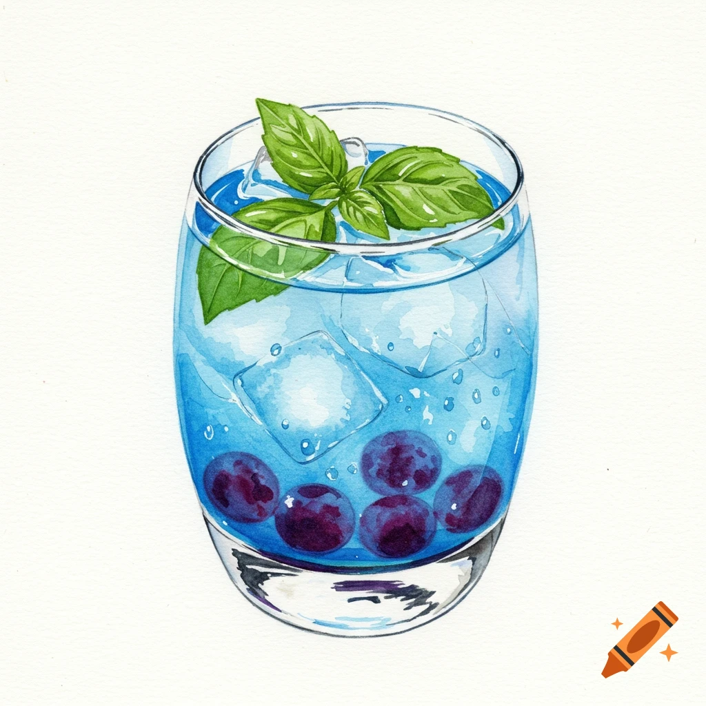 Watercolor painting of a blue cocktail with ice cubes, dark berries, and green basil leaves in a clear glass on a white background.