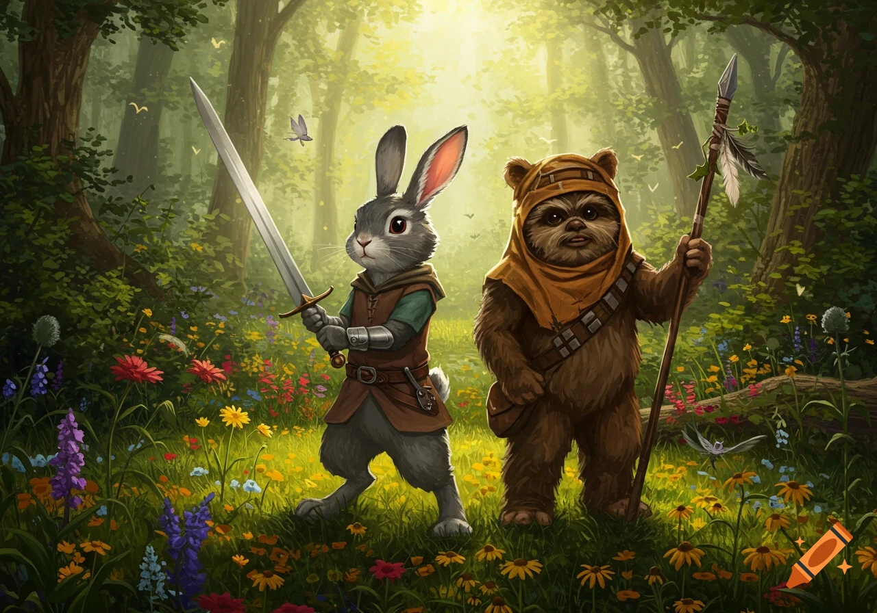 A rabbit in armor with a sword and an Ewok with a spear stand in a colorful flower-filled forest.