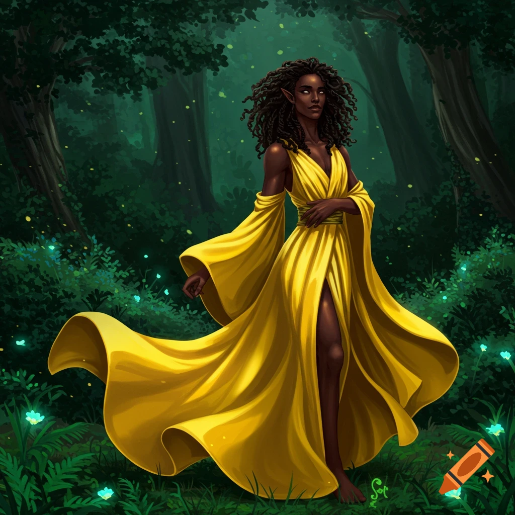 A dark-skinned elf woman with curly hair, wearing a flowing yellow dress, walks through a mystical, glowing forest.