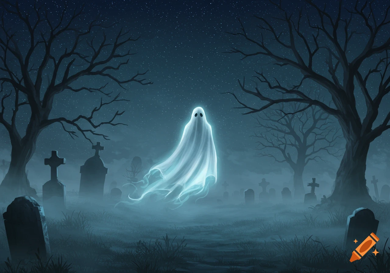 A glowing white ghost floats in a misty graveyard at night, with bare trees, gravestones, and a starry sky.