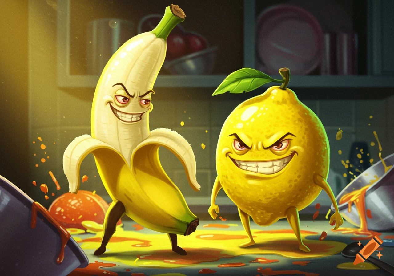 Cartoon illustration of an evil-looking peeled banana and a lemon with menacing grins standing in a messy kitchen.