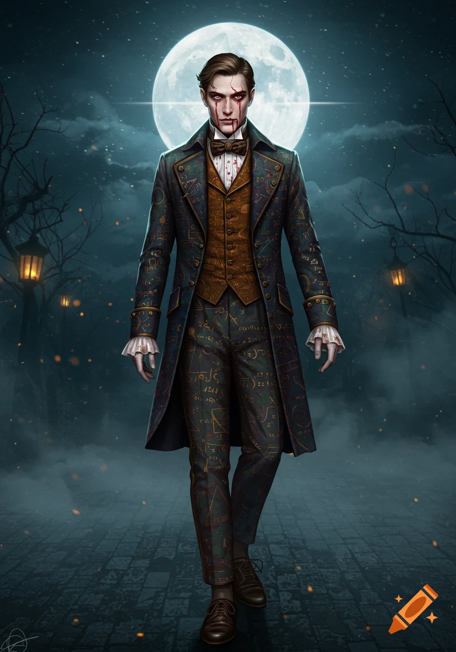 A man resembling a vampire in a dark, patterned coat with blood on his face and shirt, standing under a full moon in a spooky, barren landscape.