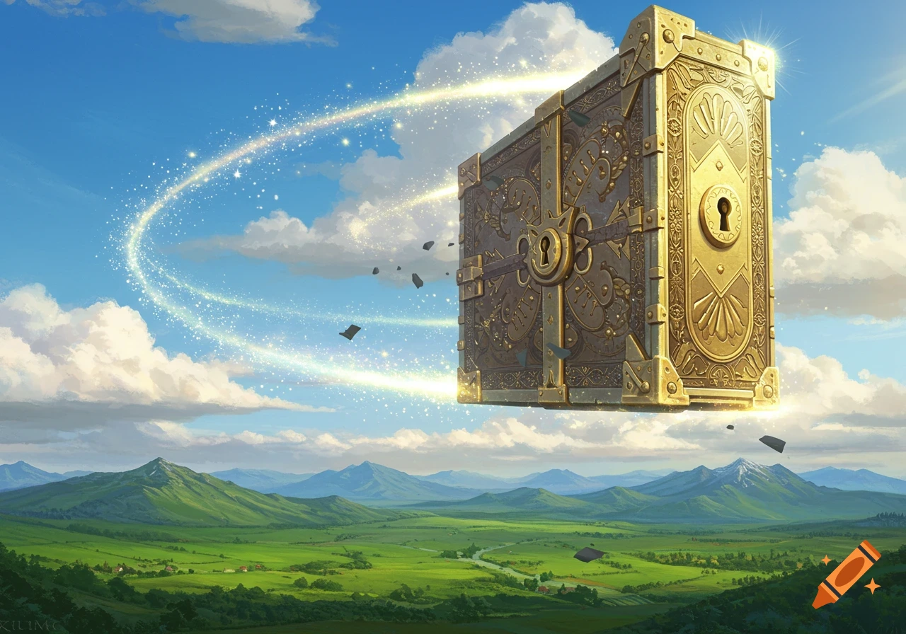 An ornate golden vault floats majestically in a bright blue sky, surrounded by sparkling magic trails, above a lush green mountainous landscape.