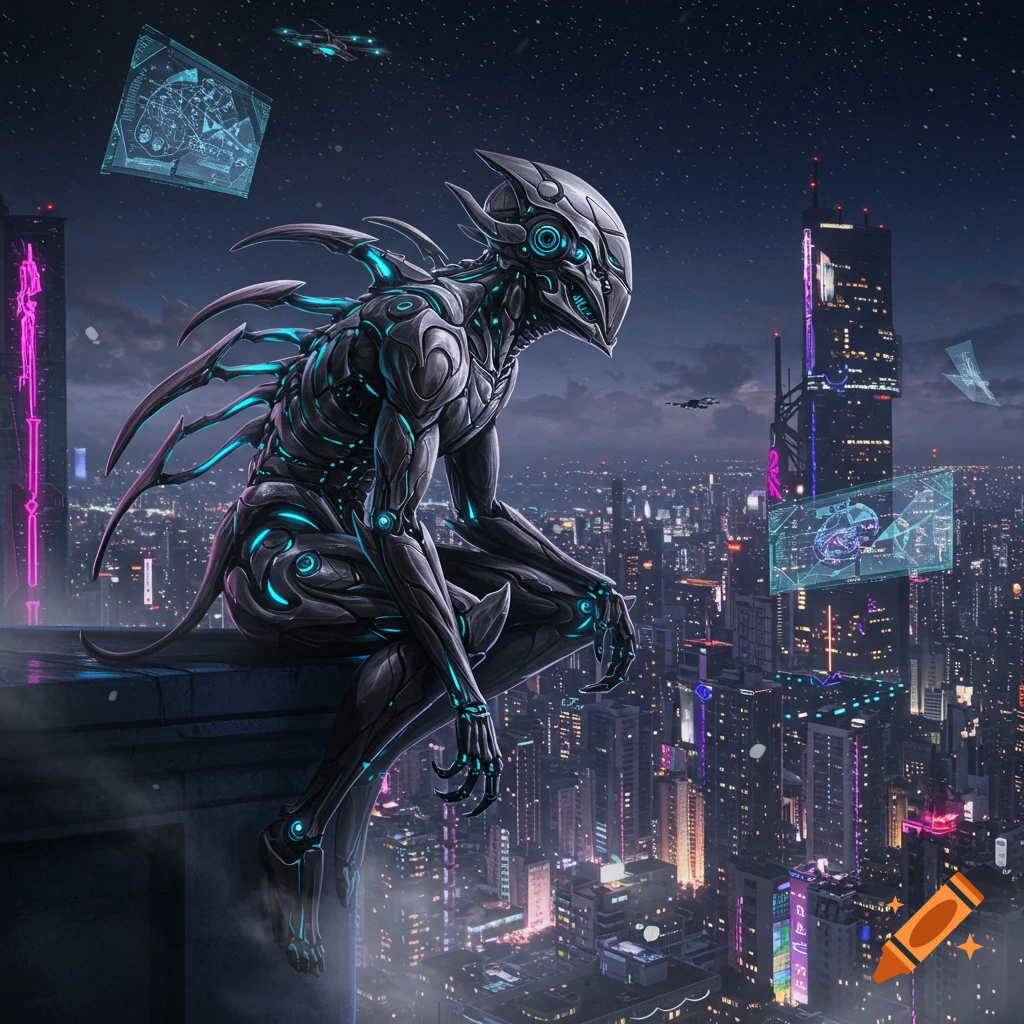 A sleek, dark gray biomechanical creature with glowing blue accents perches on a skyscraper overlooking a futuristic cyberpunk city at night under a starry sky.