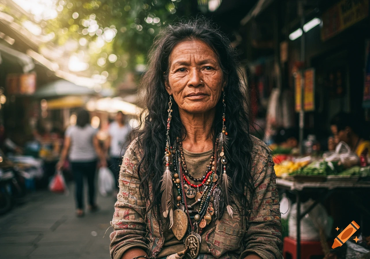 Photorealistic portrait of an older woman with long dark hair, nose ring, many necklaces and feather earrings, in a market.