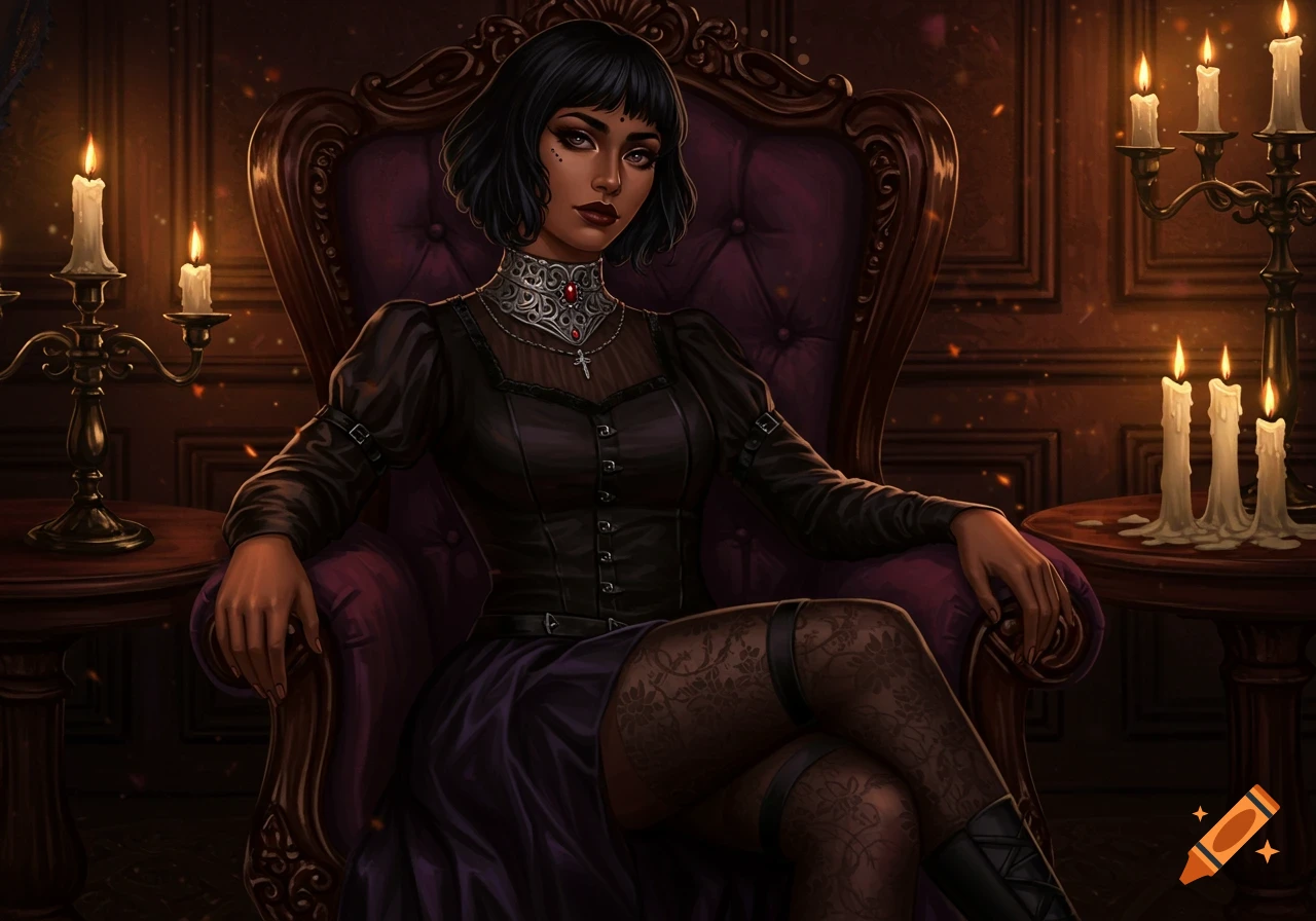 A semi-realistic illustration of a gothic woman with short black hair and dark makeup, in a black dress, sitting in a velvet armchair in a candlelit room.