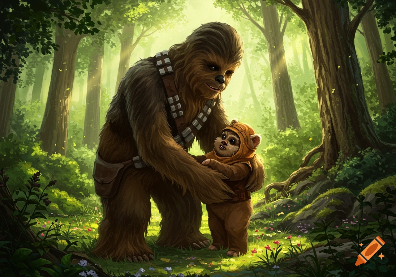 Illustrated image of Chewbacca gently holding an Ewok in a sunny, lush forest.