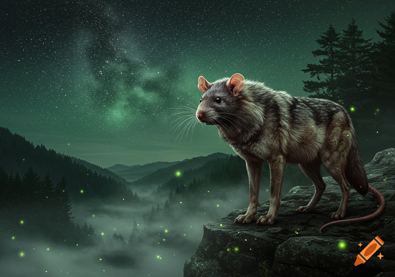 A fantasy wolf-rat creature stands on a cliff under a starry night sky with glowing green specks over a misty forest.