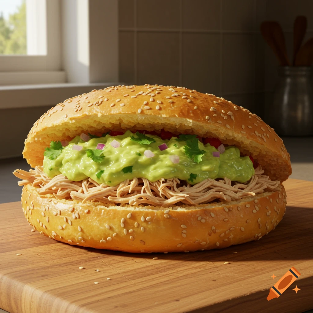 A close-up of a sesame seed bun sandwich filled with shredded chicken and guacamole, garnished with red onion, on a wooden cutting board.