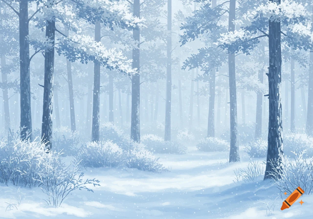 A serene, stylized winter forest with snow-covered trees, bushes, and a path as light snow falls.