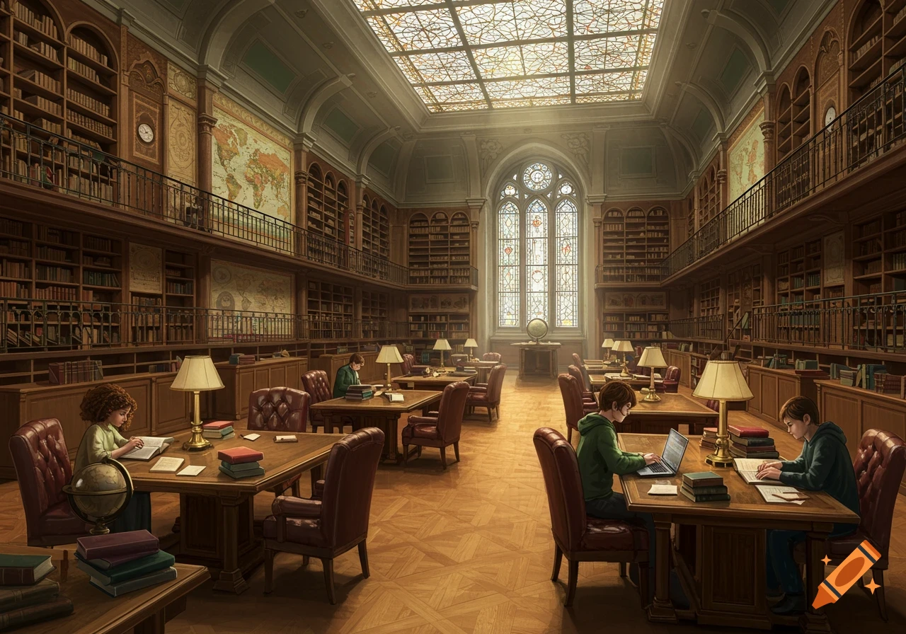 Students read and study on laptops at wooden tables in a grand library with high bookshelves, stained glass windows, and a skylight.