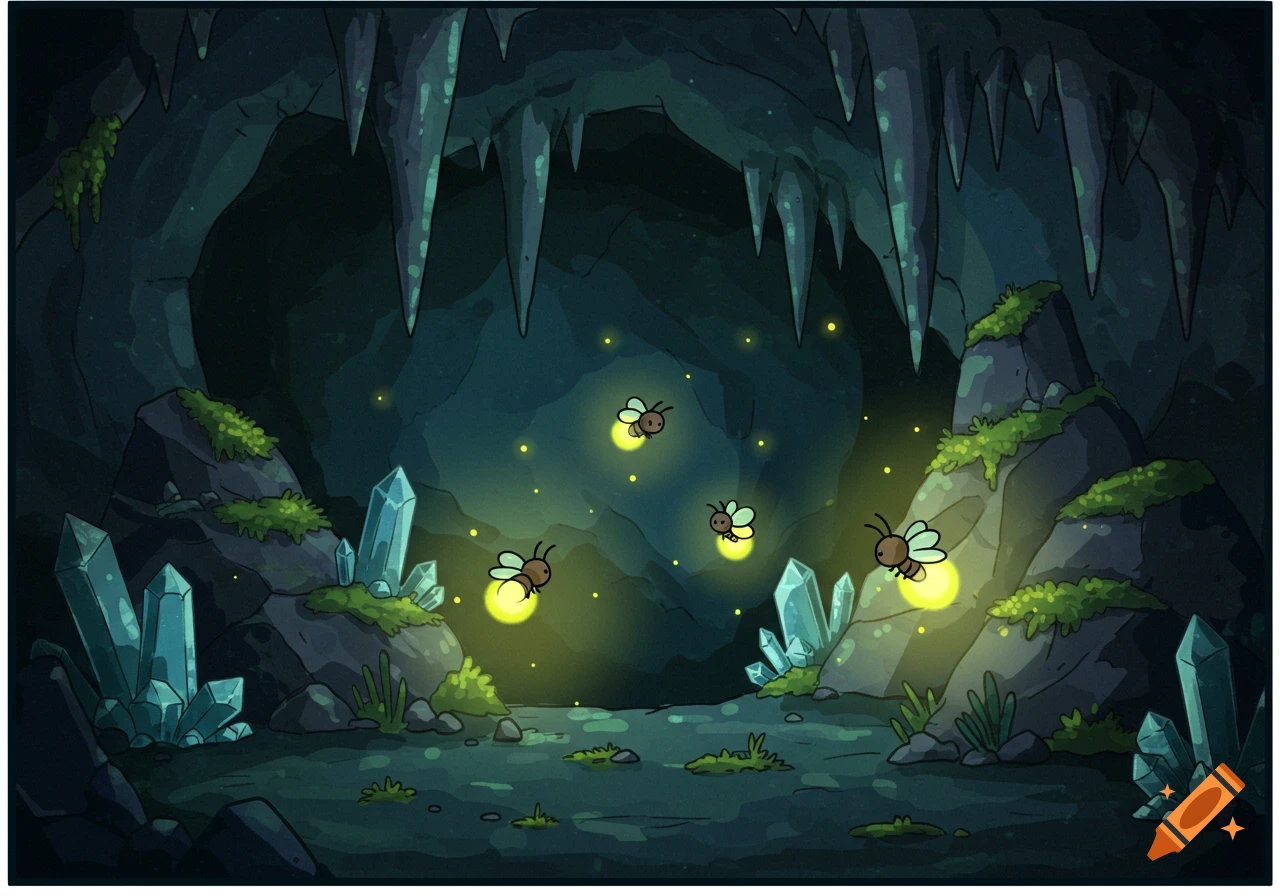 A cartoon illustration of a dark cave interior with glowing blue crystals, green moss, and several cute, bright yellow fireflies illuminating the scene.